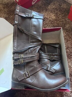 Charming Charlie Dark Brown Lace-Up Mid-Calf Buckle Boots